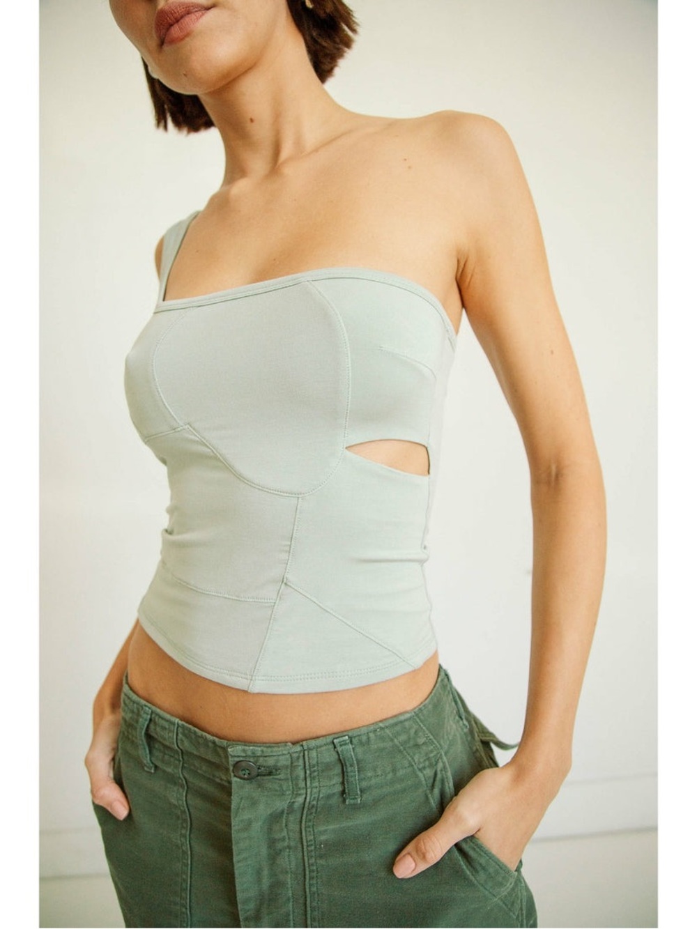 The Line by K Shae One-Shoulder Asymmetrical Cutout Tank Top - Light Sage Green